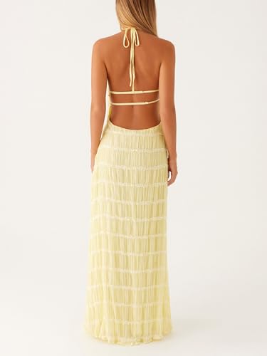 Image of Women Summer Halter Neck Maxi Dress Flowy Ruffle Tiered Sleeveless Sundress Boho Backless Spaghetti Strap Long Dress