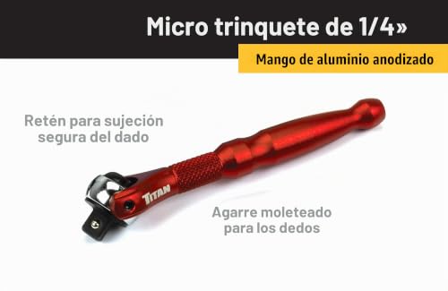 Miniatura 2 de Titan 11320 Micro Trinquete De Cabeza Giratoria De 90 Dientes De 1 4 Pulgadas X 4 Pulgadas, Color Rojo