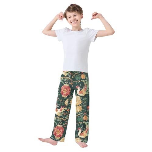 Lucky Bird Flowers Boys Long Pants Soft Trousers Elastic Waist Kids Lounge Bottoms with Pockets S-XL2