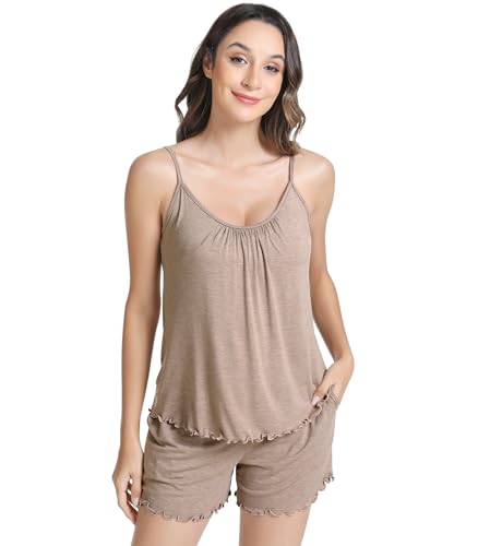 Image of NACHILA Women's Bamboo Viscose Pajama Shorts Sets-Cooling V Neck Cami Sleepwear, Soft Summer Camisoles Pjs Set with Pocket