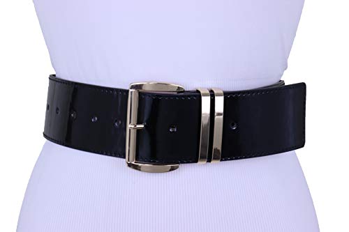 Women Fashion Belt Wide Waist Hip Faux Patent Leather Band Gold Metal Bling buckle Size M L XL (Black)3
