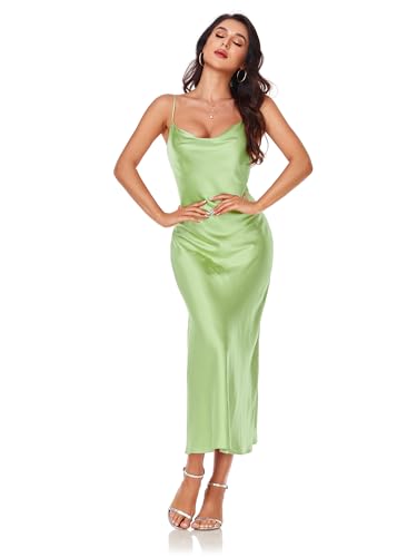 Image of Women's Spaghetti Strap Midi Satin Silk Dresses Slip Cowl Neck Party Cocktail Evening Sexy Dress