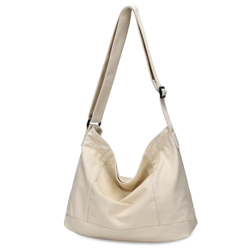 VASCHY Bolsa Bandolera de Lona, Bolso de Hombro Grande para Hombre Mujer Bolso Crossbody Casual Bolso Tela Ligera Bolso Cruzado Mensajero para Escuela Viaje Trabaja, Beige