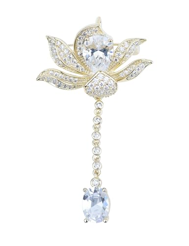 Image of Women's Cubic Zirconia Orchid Flower Brooch Crystal Floral Boutonniere Petal Lapel Pin Beastpin Bridal Wedding Jewelry with Tassel