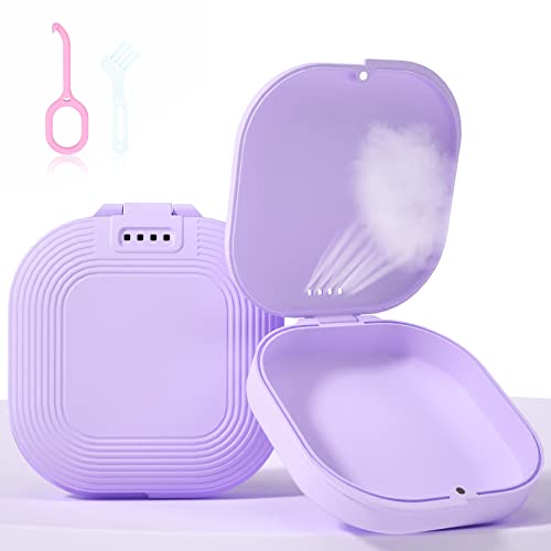 HEMILAB Slim Retainer Case With Vent Holes, Compatible With Invisalign, Mouth Guard, Removal Tool and Brush, Purple
