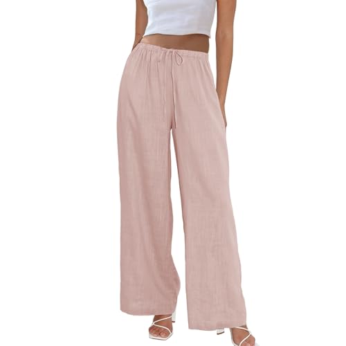 Image of Duyang Womens Cotton Linen Palazzo Pants Drawstring Elastic Waist Casual Wide Leg Trousers with Pockets