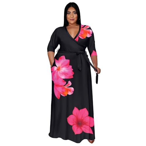 Image of Nmoder Plus Size Maxi Dress for Women - Summer Casual 3 /4 Sleeve Floral Flowy Long Dress with Belt XL- 6XL