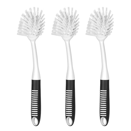 Image of SetSail Dish Brush with Handle, 3 Pack Stiff Bristles Dish Scrubber with Built-in Scraper Dish Scrub Brushes for Cleaning Dishes, Pots and Pans, Kitchen Sink, 3 Pack, Black White