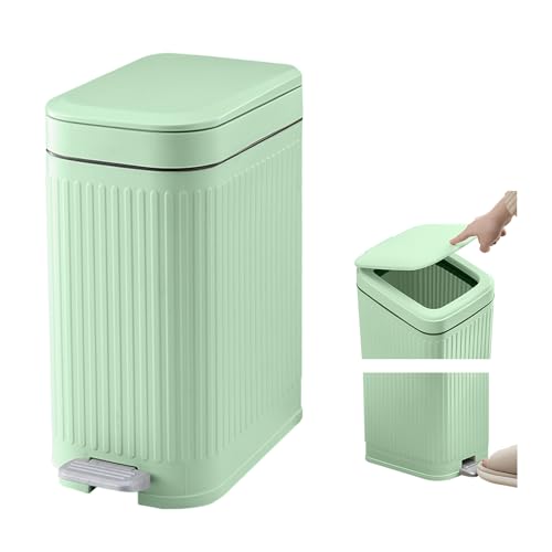 Image of Small Bathroom Trash Can with Lid, Press-Top Lid & Foot Pedal 2-in-1 Garbage Can, 2.6 Gal Plastic Wastebasket Soft Close, Dog proof, Slim Step-On Trash Bin for Kitchen, Office, Bedroom, Dorm-Green-10L