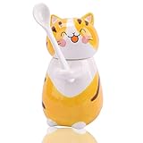 Cute Cat Mugs, Funny Ceramic Coffee Mug 9 oz Kitty Tea Cup Cat Coffee Mugs with Spoon and Lid, Novelty Valentine's Day Birthday Gift for Cat Lovers Coffee Lovers - Yolk