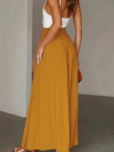 Womens Classic Casual Pants Solid Color Wide Leg Loose Pants With Ruffle Trim And Waist Tie3