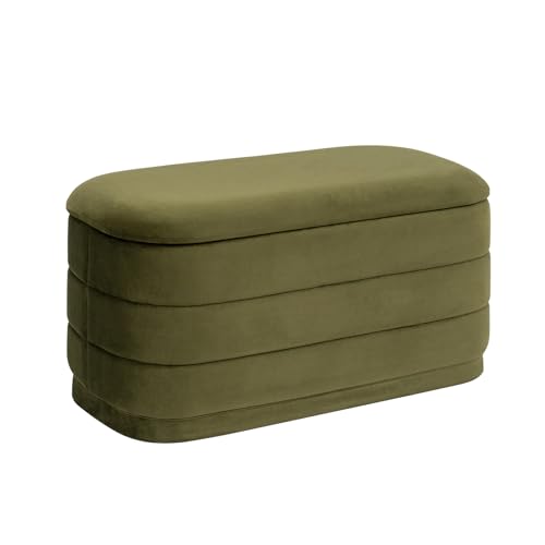 Image of 30 inch Velvet Storage Ottoman Bench with Wooden Tray Lid, Folding Large Upholstered Ottoman Footstool for Living Room, Rectangular Padded Foot Rest for Bedroom Living Room Dorm, Olive Green