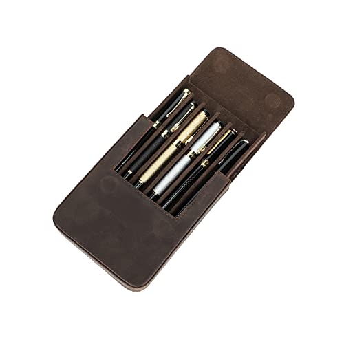 Hiram Leather Pen Box for 6 Pens Portable Pen Leather Storage Case with Hidden Magnetic Snap Closure and Pen Tray Holder Design (Coffee)