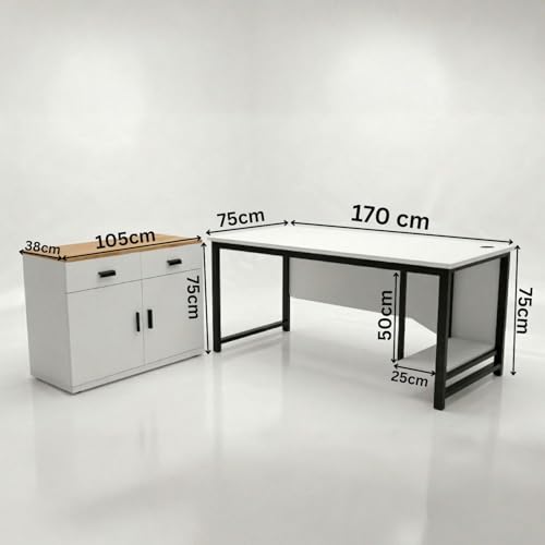 Image of Executive Director Desk | Office Table | Manager Cabin Work Desk with Modesty Panel & Cable Grommet | Sturdy Metal Frame | White Top & Black Base | DIY Installation.