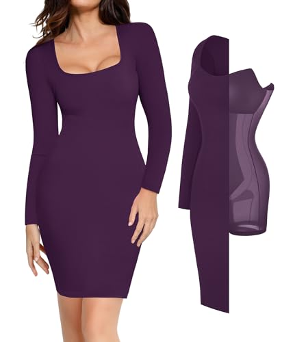 Image of Popilush Long Sleeve Midi Dresses for Women, Built-in Bra Shapewear Dress | Bodycon, Tummy Control, Square Neck, Cocktail Party and Dinners