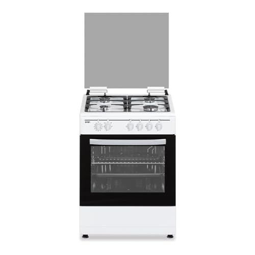 Svan Cocina Gas Butano 4 Zonas de Cocción, Horno 63 L, Blanco SKGW4601. Control Manual, Quemador WOK triple llama, 2 Programas de Cocción, Cristal en Puerta de Doble Capa, Tapa Abatible