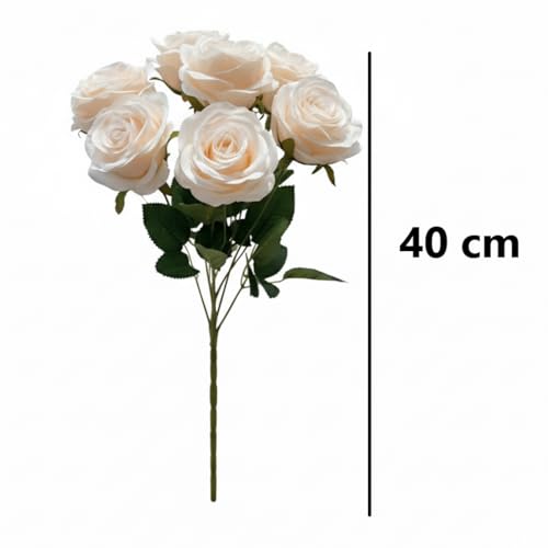 Image of Artificial Rose Flower Bouquet - 7 Soft Creme Silk Roses with Green Leaves | Realistic Artificial Flowers for Home Decoration, Wedding, Party & Gift