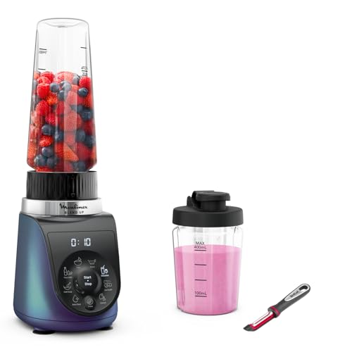 Moulinex Blend Up, Mini blender puissant, 1 000 W, 8 programmes automatiques, Glace pilée, couteau économe YY5608FG, Noir et Transparent