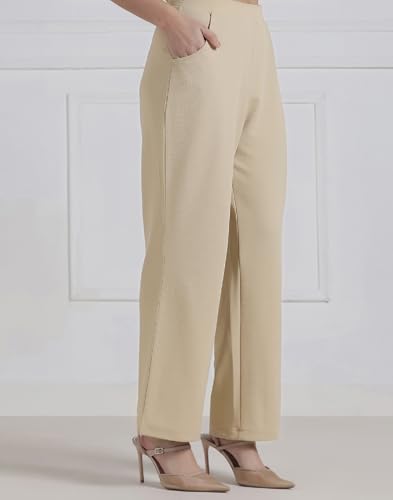 Image of Selvia Beige Lycra Textured Co-ord Set for Women, Button Front Waist Top and Trouser Pant