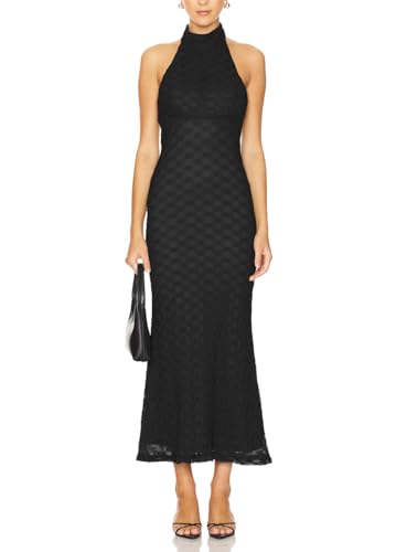 JLCNCUE Women's Elegant Halter Neck Floral Lace Mermaid Maxi Dress Sleeveless Open Back Cocktail Wedding Guest Dress 3994
