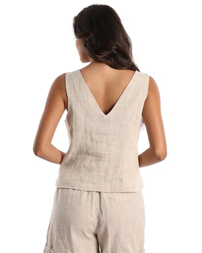Womens Pure Linen Sleeveless Button Down Geometric Cropped Vest V Neck Waistcoat Vest4