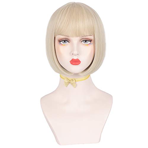 Askuang Short Blonde Wig for Women Blonde Bob Wigs with Bangs Heat Resistant Synthetic Wig Daily Party Halloween Blonde Cosplay Wig for Women 10 Inches