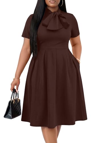 Image of FANDEE Midi Dress for Women Casual Short Sleeve A-line Semi Formal Fit and Flare Dress Classy Tie Neck Work Business Dresses