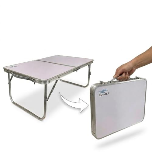 DEVESSPORT Kohala Mesa Plegable Portátil de Aluminio (60x40x25 cm)   Mesa Auxiliar Ligera para Camping, Playa, Picnic, Ordenador o Bandeja de Cama   Diseño Compacto Tipo Maletín con Asa de Transporte