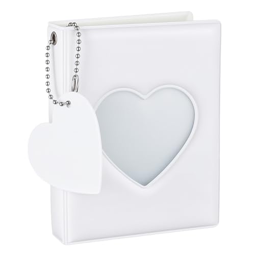 Mini carpeta de tarjetas de fotos Kpop – Álbum de fotos hueco de corazón blanco de 3 pulgadas con 32 bolsillos y colgante – Mini libro de tarjetas de fotos compacto para fotos, identificaciones