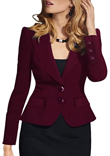YMING Women's Button Down Slim Blazer Solid Color Office Cardigan Long Sleeve Ruffle Hem Jacket Plus Size