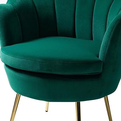 Image of Wooden Velvet Shell Accent Chair, Upholstery, Gold Metal Legs, Channel Tufted Design, Barrel Chair for Living Room, Drawing Room, Bedroom, & Office (Green)