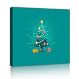 かわいいクリスマスツリーウォールアートモダンブルーホリデーギフトテーマフレームキャンバスアート冬季節の壁の装飾リビングルームベッドルーム75x75cmインナーフレーム