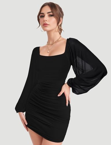 Bauty Women's Mesh Long Sleeve Square Neck Ruched Party Club Cocktail Bodycon Short Tight Mini Dress Sexy Banquet Dress3