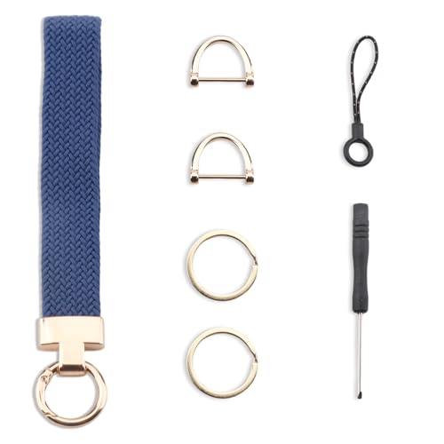 Keychain Wristlet, Stretchable Key Chain for Car Keys with Dual Keyrings & two D Ring Micro screwdriver, Adorable Wrist Lanyard for Women and Men（Cold blue）