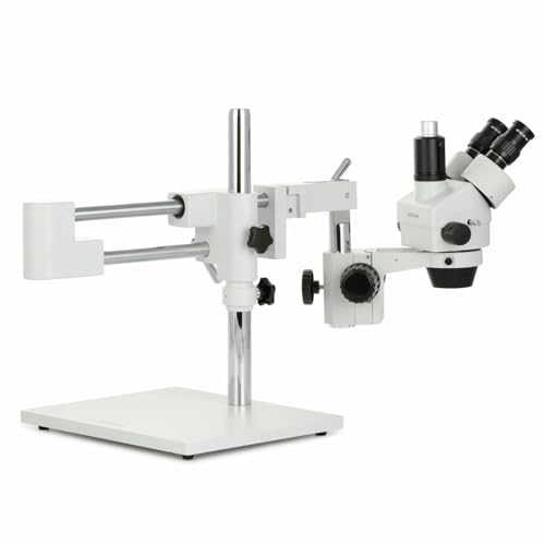 Image of AmScope SM-4TX-FRL Professional Trinocular Stereo Zoom Microscope, WH10x Eyepieces, 3.5X-45X Magnification, 0.7X-4.5X Zoom Objective, 8W Fluorescent Ring Light, Double-Arm Boom Stand, 110V-120V, Includes 0.5X Barlow Lens
