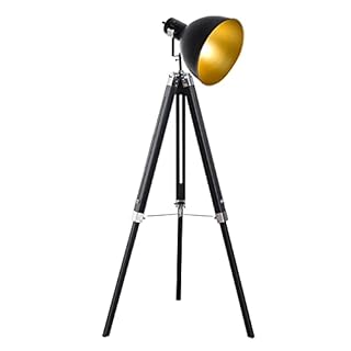 HOMCOM Industrial Floor Lamp for Living Room Tripod Spotlight Reading Lamp w/Wood Legs Metal Shade Adjustable Height Angle for Bedroom Home Office Black and Gold