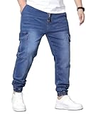 CHARBONNIER ELEVATE YOUR STYLE Men’s Denim Cargo Trousers, Elasticated Waist with Drawstring, Cuffed Hem, 6 Pockets, Stretch Denim, Mid Waist (UK, Alpha, L, Regular, Regular, Mid Wash)