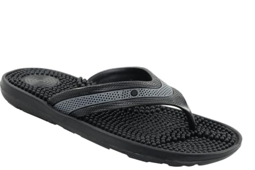 Image of Bata Acupressure Flip Flops for Men, Black Massage Slippers | Nodded Footbed, Reflexology Design, Toe-Post Style, Rubber Sole, Daily Wear