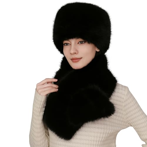 Fluffy Faux Fur Scarf & Hat Set for Women - Winter Wrap with Slit Hole & Matching Cozy Faux Fur Cossack Hat