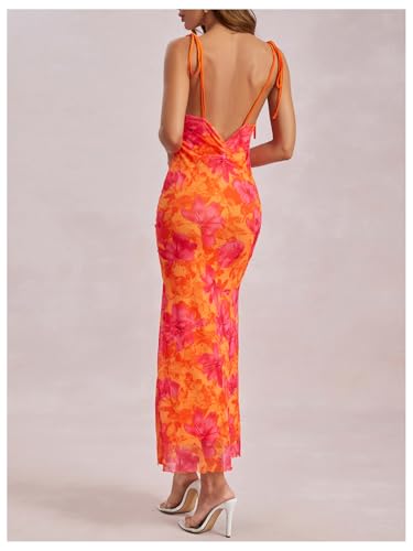 Image of GORGLITTER Women's Floral Birthday Wedding Guest Dress Mesh Ruched Derby Party Bridal Shower Summer Beach Sun Dresses Orange Small