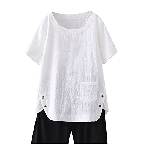 2023 Nuevo Camiseta Lino de Algodón De Mujer Moda Verano Color sólido Blusa Mujer Verano Talla Grande Camisa de oficina Camiseta Fitness Mujer Manga Corta Ropa Camiseta Suelto Tops fiesta T