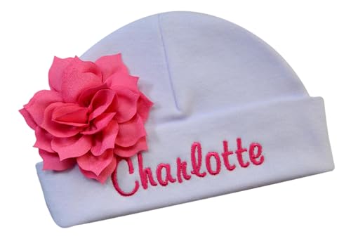 Personalized Embroidered Baby Girl Hat with Lotus Flower and Your Custom Name (White Hat/Medium Pink Flower)