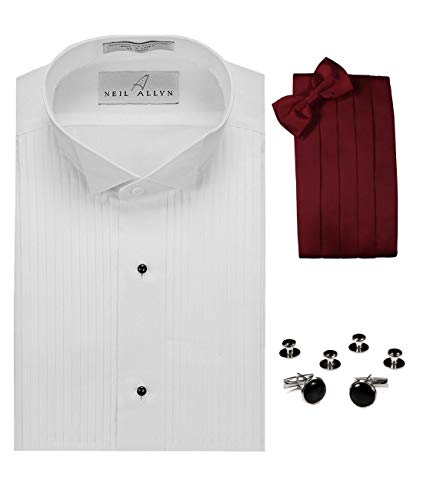 Wing Collar Tuxedo Shirt, Burgundy Cummerbund, Bow-Tie, Cuff Links & Studs Set