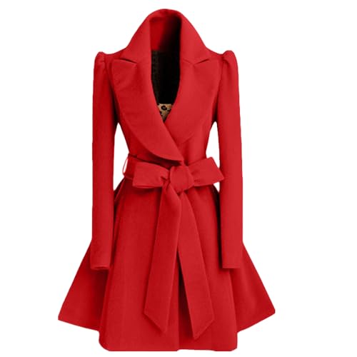Maiyifu-GJ Womens Elegant Dress Coat Mid Long Notched Lapel Wool Blend Trench Coats Fall Winter Fashion Overcoat with Belt