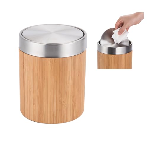iAnomla Mini Poubelle, 1.3L Poubelle de Table, Coque Coquille Acier Inoxydable Brossé, Fût 100% Bambou Naturel, Pour Salle de Bain, Chambre, Cuisine, Bureau,...