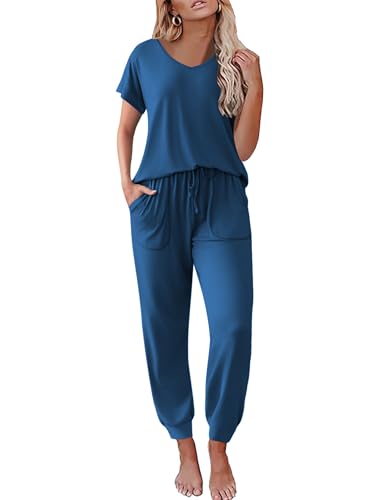 Image of Ekouaer Lounge Sets for Women 2 Piece Short Sleeve Tops and Jogger Pants Set Comfy Pajama Sets Tracksuit,Dark Blue,XXL