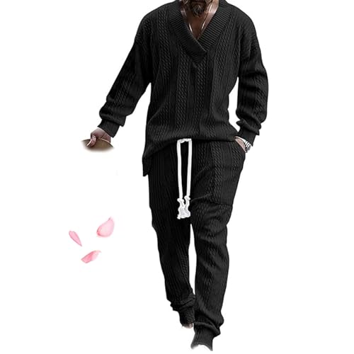 Athleisure Cable Jacquard Set Men,Men's 2-Piece V-Neck Baggy Sweatshirt & Joggers Solid Jacquard Drop Shoulder