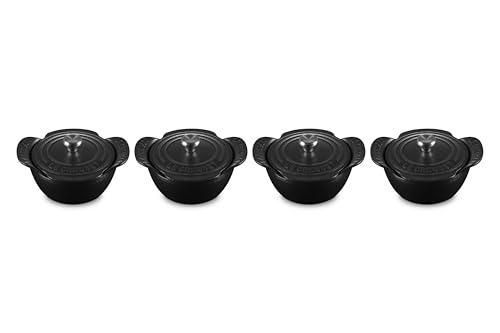 Le Creuset Enameled Cast Iron Gourmand Collection Set of 4 Mini Round Cocotte, .3 qt., Matte Black w/Stainless Steel Knob