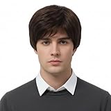 REEWES Dark Brown Curly Men's Wig with Side Swept Bangs Natural Synthetic Full Wig for Daily Party Cosplay Wear