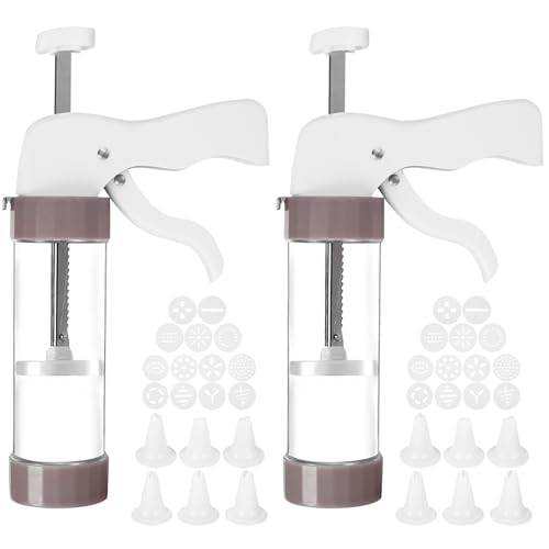 2 Pcs Cookie Press with 26 Discs and 12 Icing Nozzles, Ergonomic Cookie Maker, Practical Reusable Cookies Press Machine for Baking